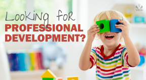 Photo of a young child in a rainbow striped t-shirt holding up brightly colored blocks in front of their eyes with a blurred background. The text says "Looking for Professional Development?" and the VeSI logo is in the top right corner.